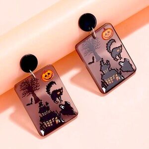Halloween Scene Pumpkin Haunted House Black Cat Geo Drop Earrings